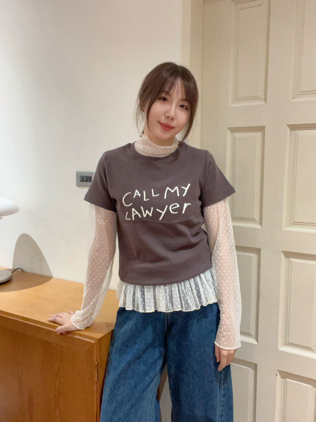 ST4527 點點網紗立領荷葉上衣