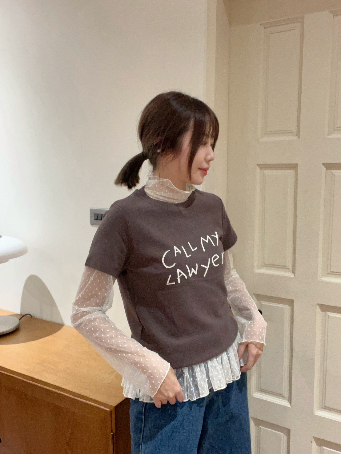 ST4527 點點網紗立領荷葉上衣