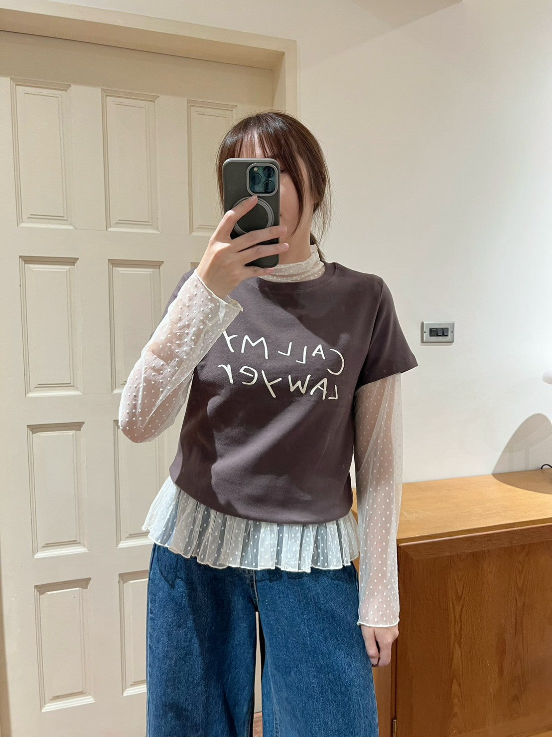 ST4527 點點網紗立領荷葉上衣