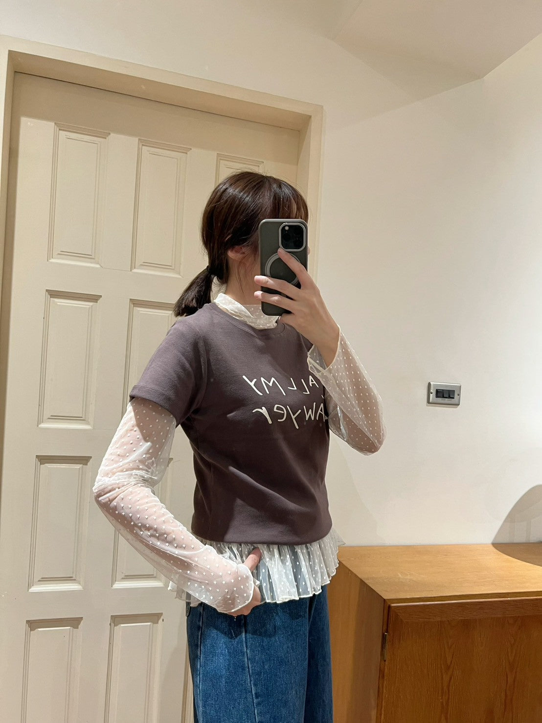 ST4527 點點網紗立領荷葉上衣