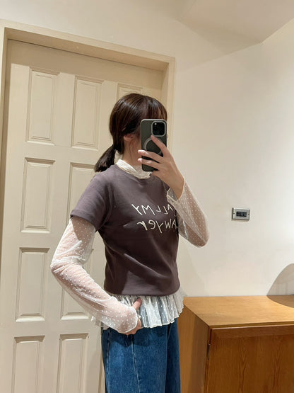 ST4527 點點網紗立領荷葉上衣