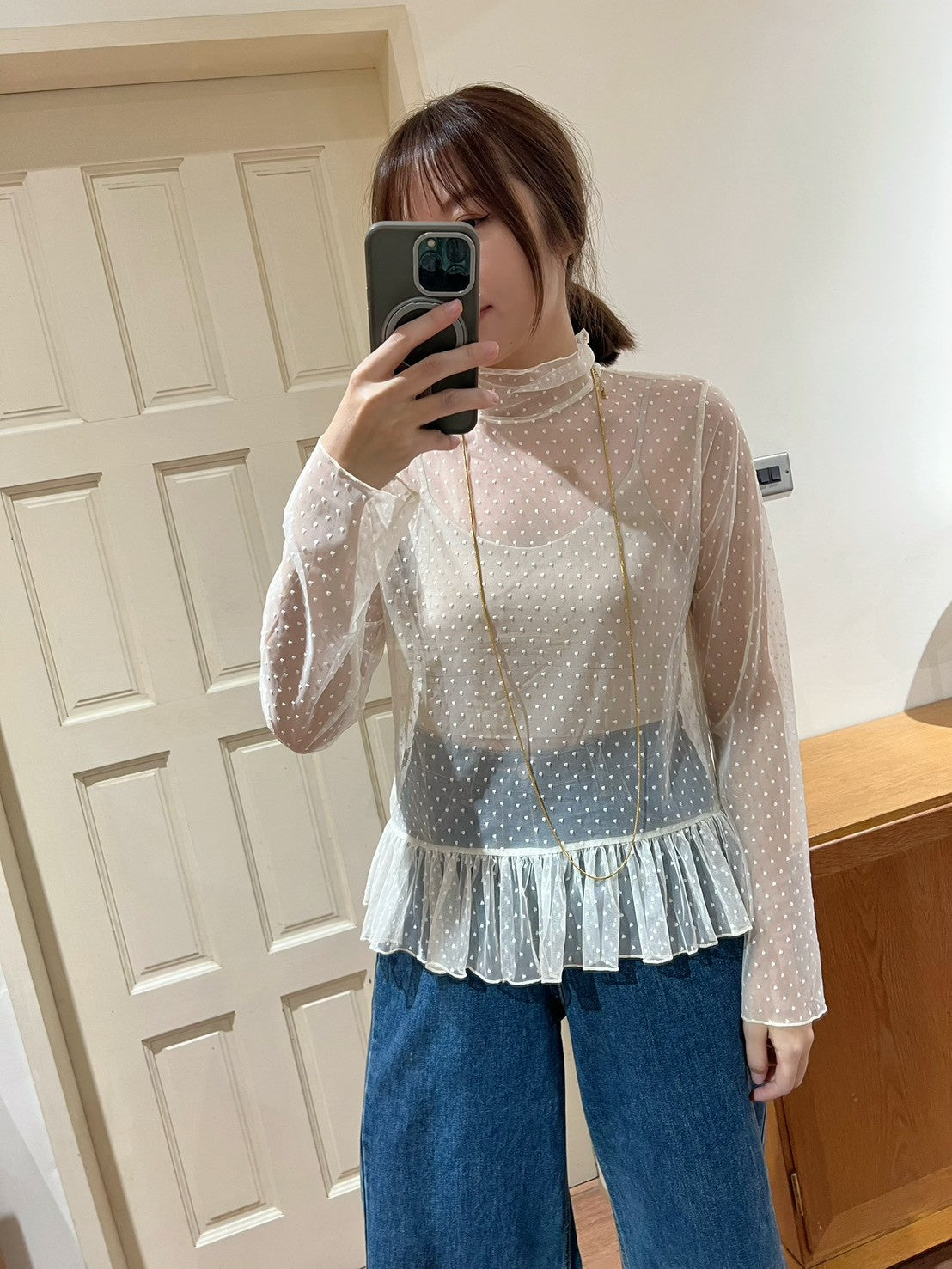 ST4527 點點網紗立領荷葉上衣