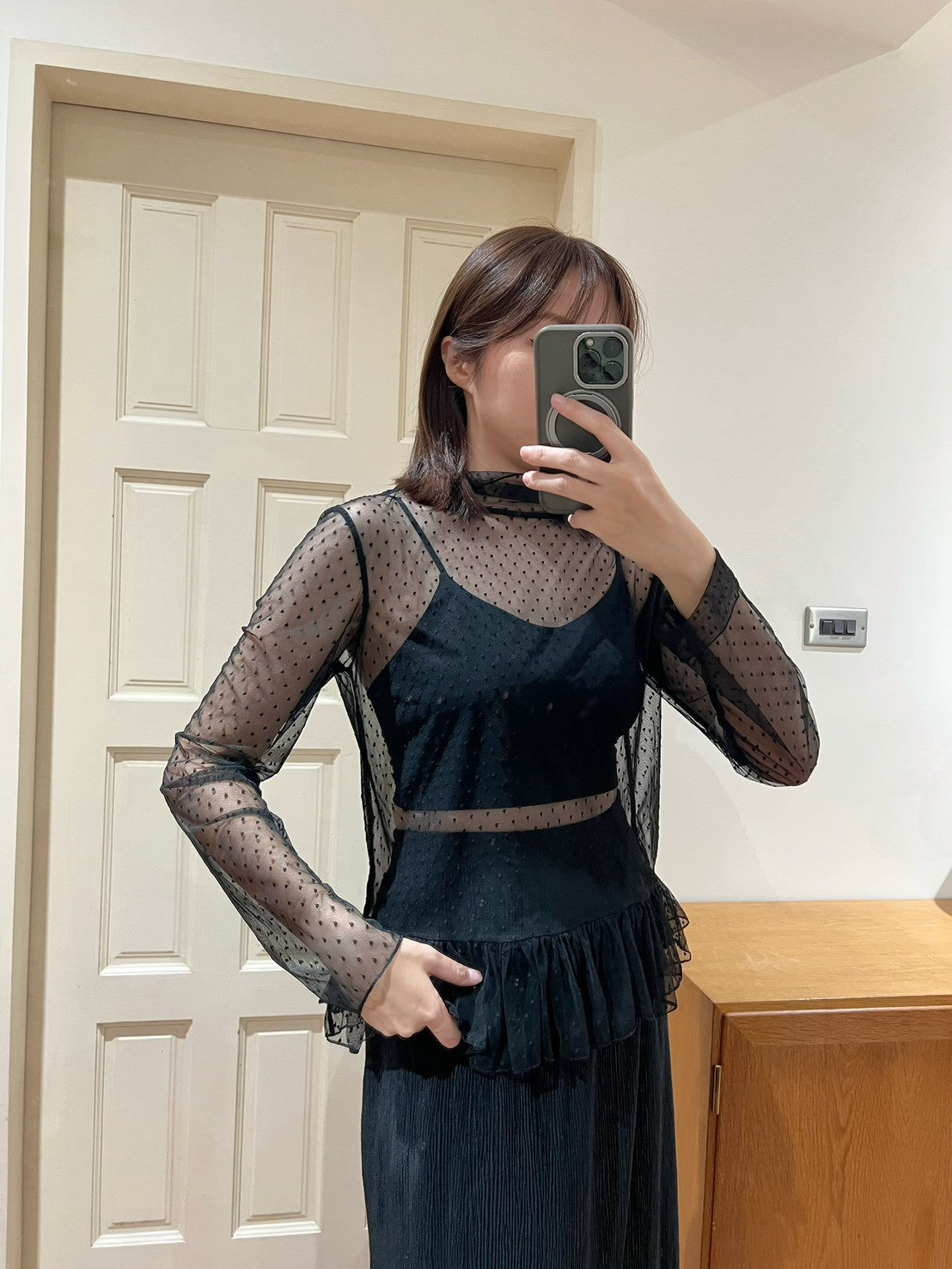 ST4527 點點網紗立領荷葉上衣