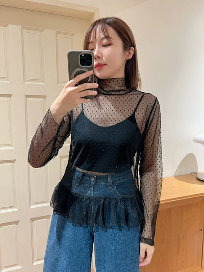 ST4527 點點網紗立領荷葉上衣