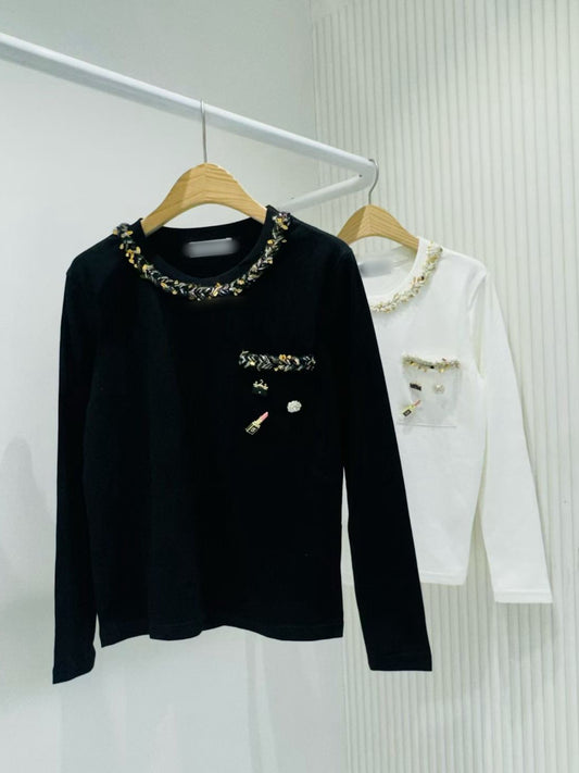 12B109 麻花亮片領口袋長袖精梳棉T