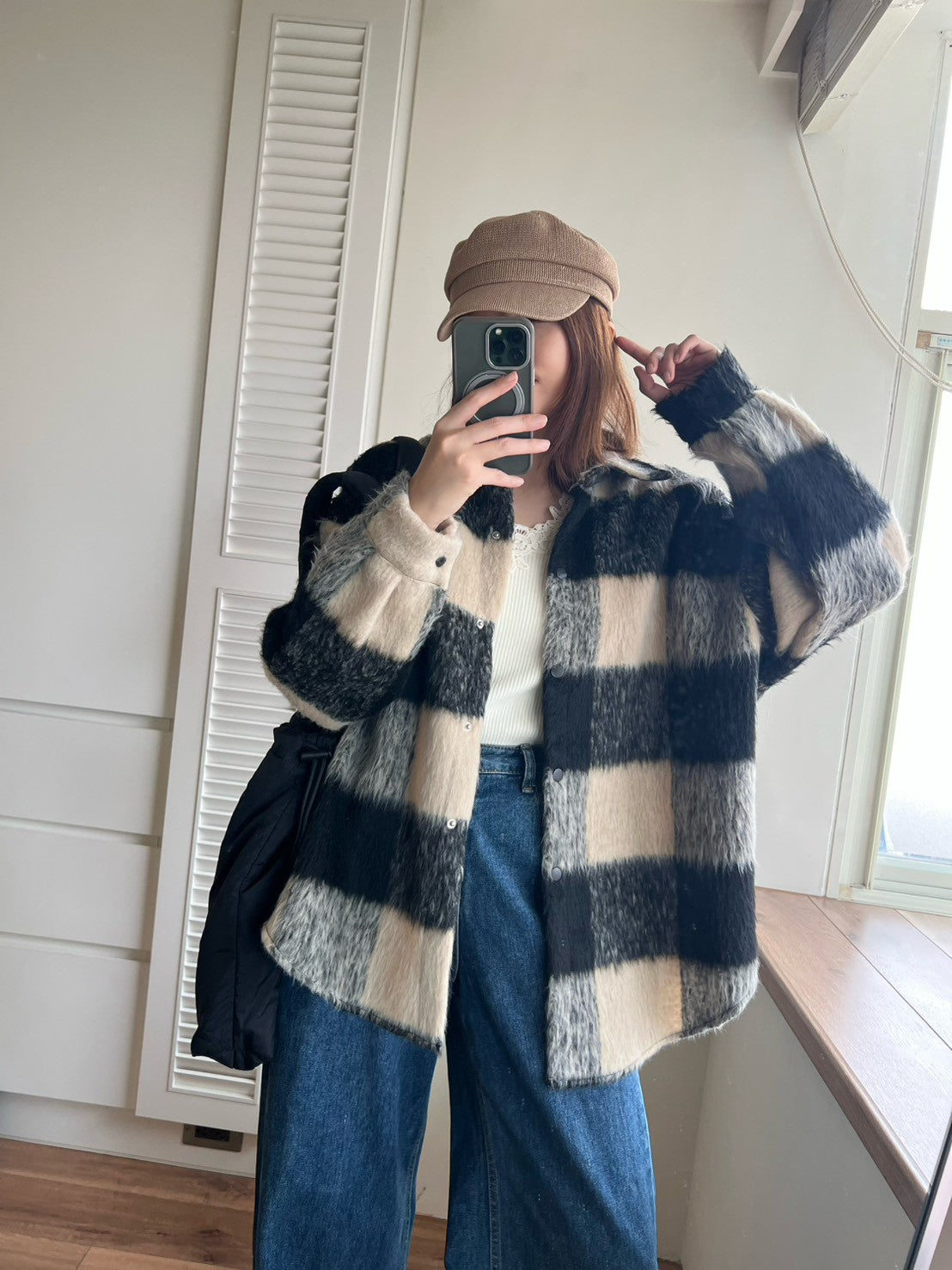 12A203 毛料格紋長版襯衫外套