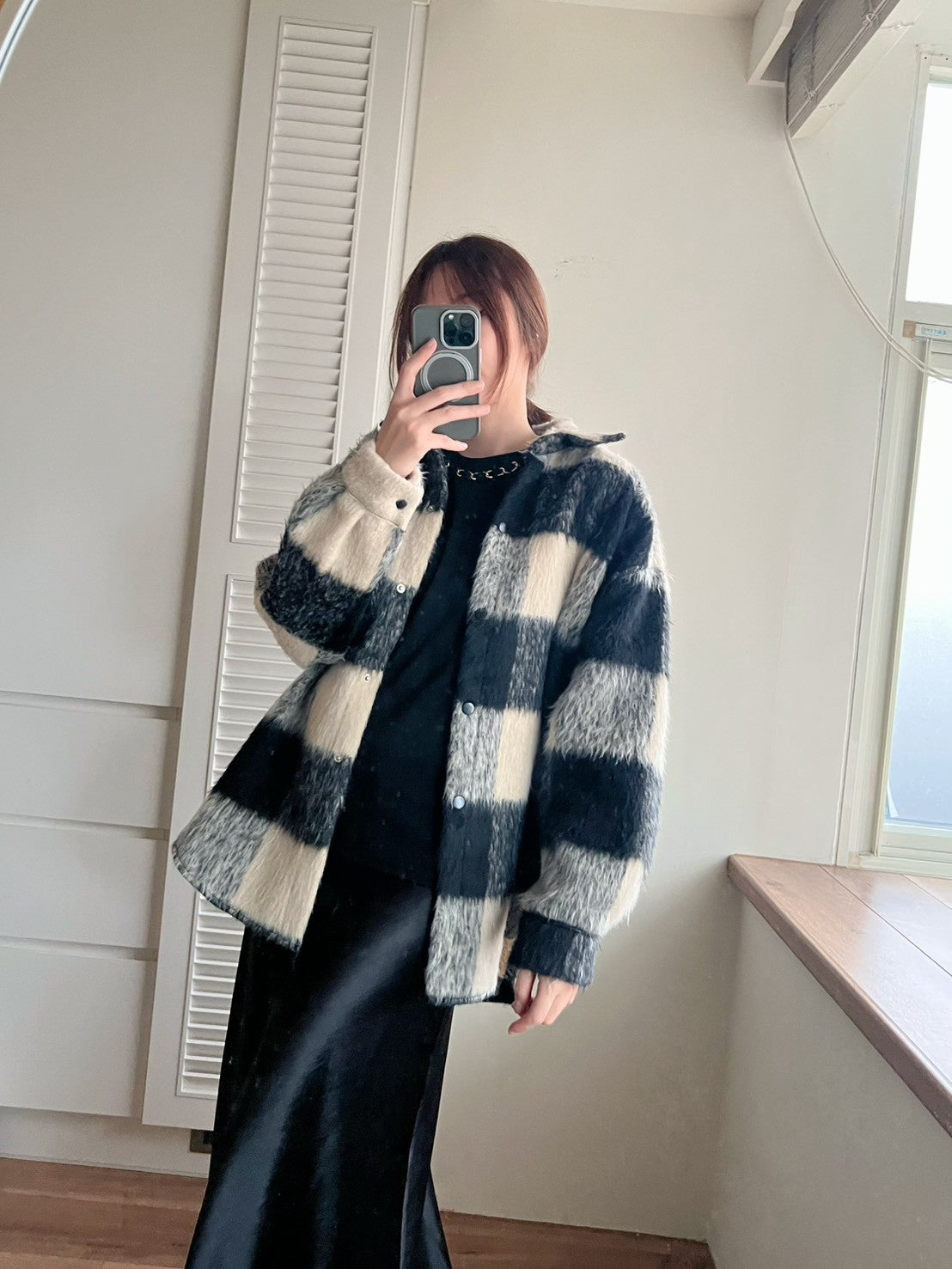 12A203 毛料格紋長版襯衫外套