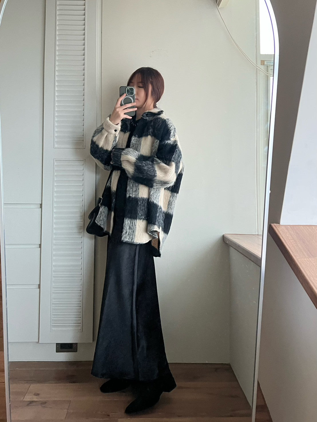 12A203 毛料格紋長版襯衫外套