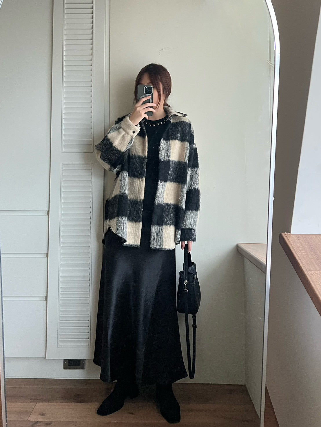 12A203 毛料格紋長版襯衫外套