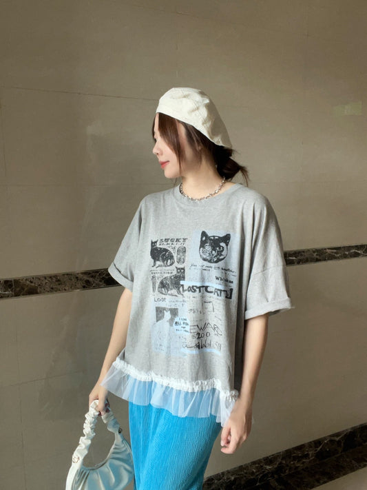 7A106 貓咪下擺荷葉紗T