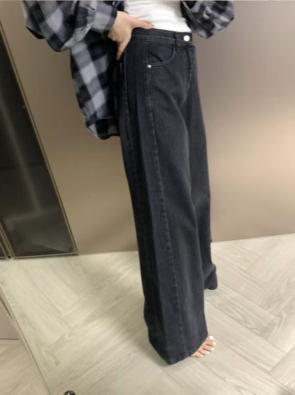JL758  側壓線剪裁單寧寬褲