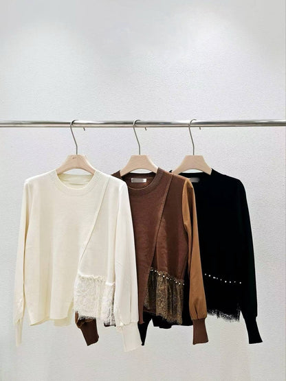 9D105 側拼接蕾絲下擺針織衫