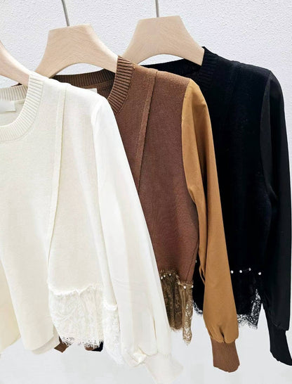 9D105 側拼接蕾絲下擺針織衫