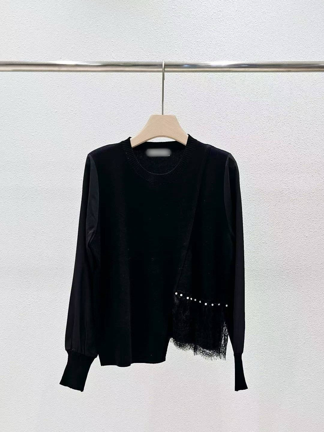 9D105 側拼接蕾絲下擺針織衫