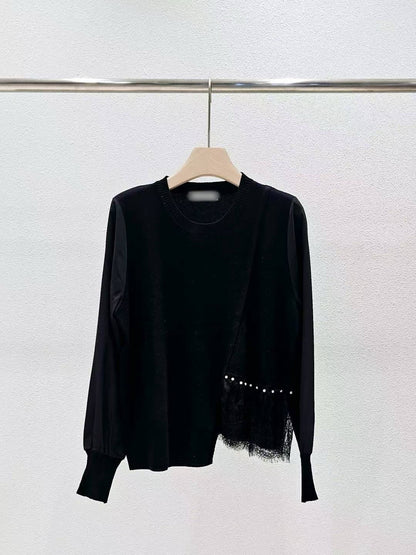 9D105 側拼接蕾絲下擺針織衫