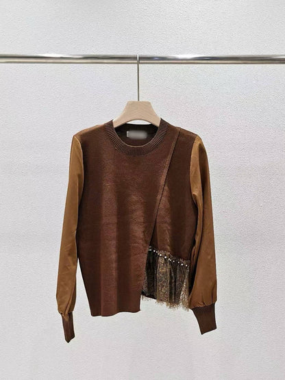 9D105 側拼接蕾絲下擺針織衫