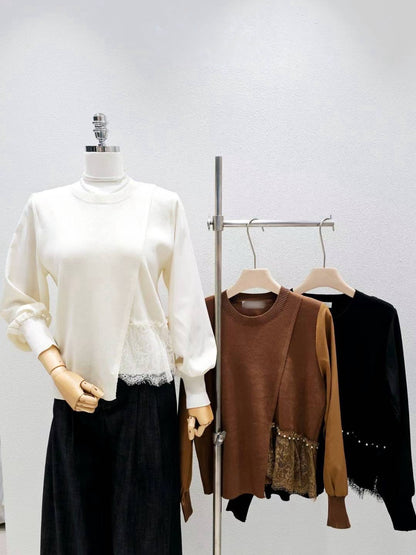 9D105 側拼接蕾絲下擺針織衫