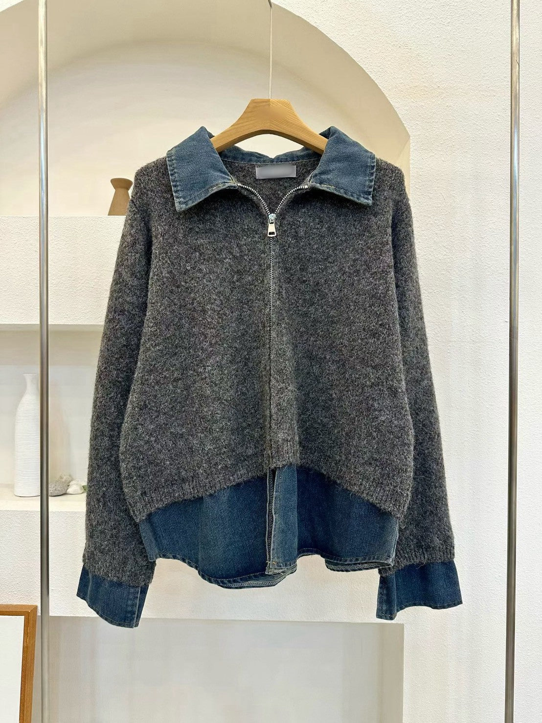 SW1006 假兩件牛仔針織拉鍊外套