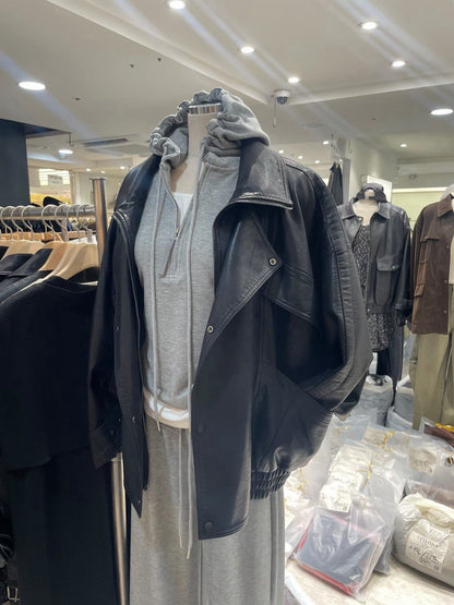 JK1010 雙層領拉鍊長版皮衣