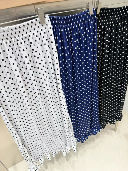 6D109 冰絲下荷葉鬆緊腰點點長裙