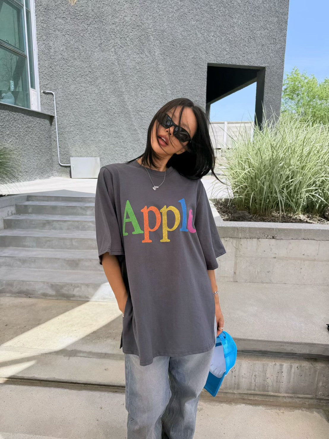 6D103 彩色apple水洗長版短T