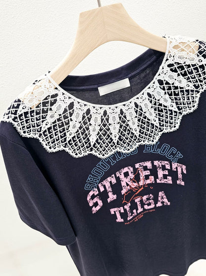6A119 透膚蕾絲領字母棉短T