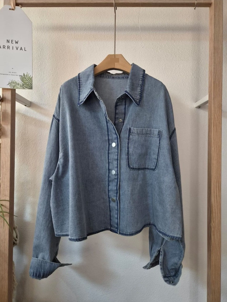 SH904 壓線牛仔短版襯衫