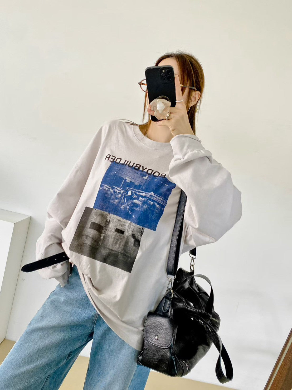 TS911 藍黑印畫長版寬T