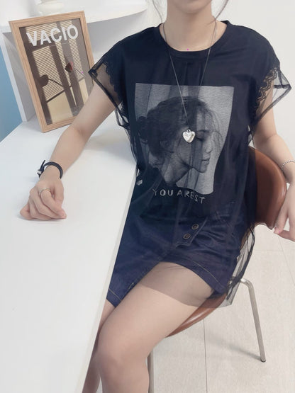 4A111 拚長紗女孩棉短T