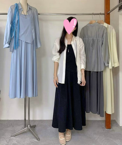 6B114 絲質襯衫+細帶長洋裝