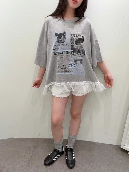 7A106 貓咪下擺荷葉紗T