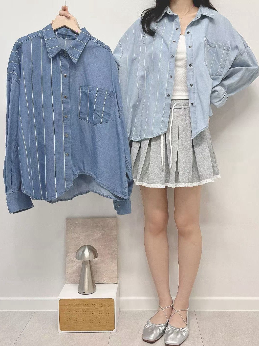3A113 粗橫條拚素色單寧長襯衫