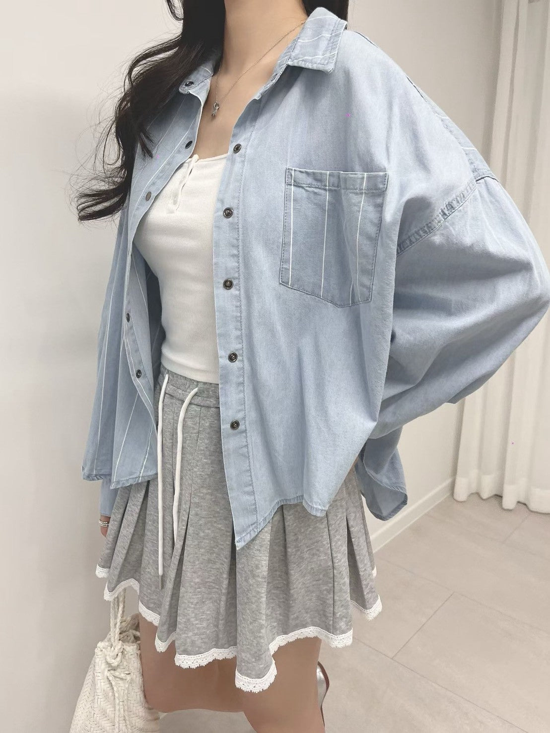 3A113 粗橫條拚素色單寧長襯衫