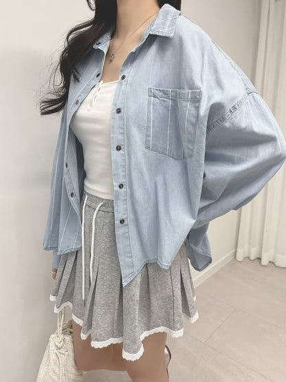 3A113 粗橫條拚素色單寧長襯衫