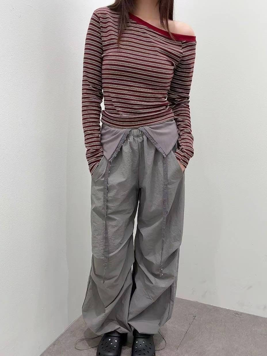 9B207 橫條彈性一字領上衣