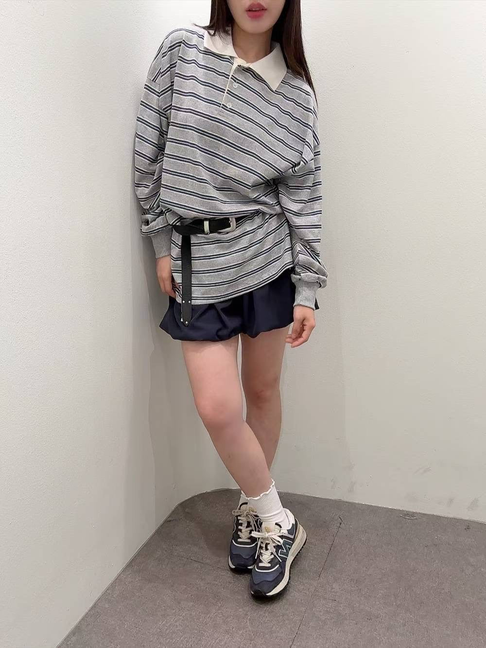 9B208 白領橫條寬鬆POLO衫