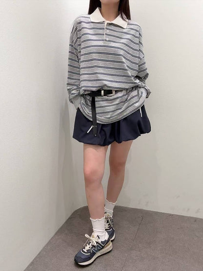 9B208 白領橫條寬鬆POLO衫