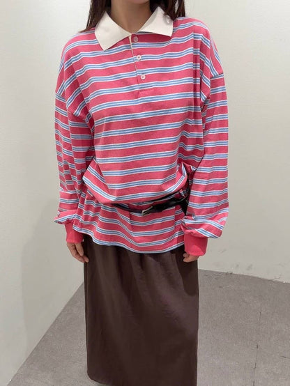 9B208 白領橫條寬鬆POLO衫