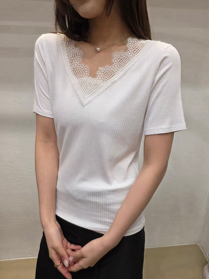 3B305 蕾絲V領短袖螺紋上衣