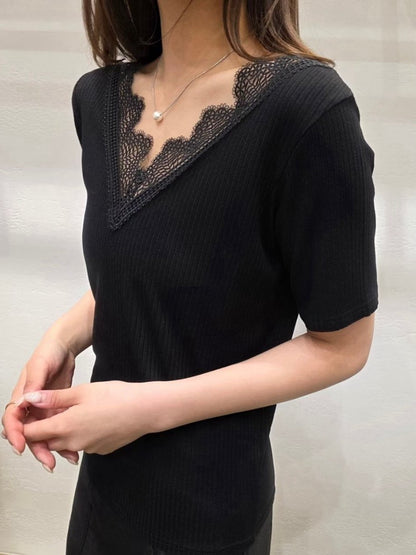 3B305 蕾絲V領短袖螺紋上衣