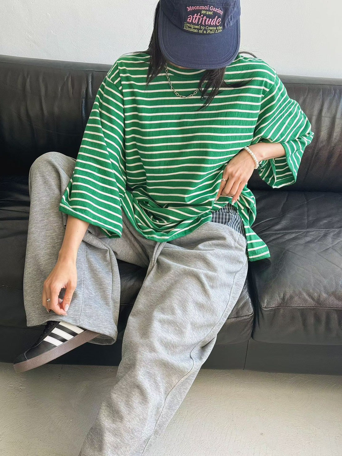 3D106 橫條五分袖長版T