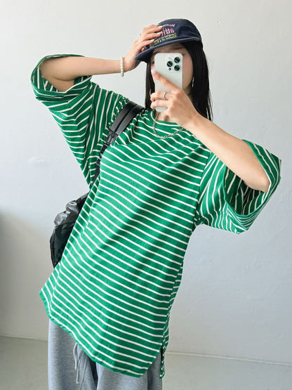 3D106 橫條五分袖長版T