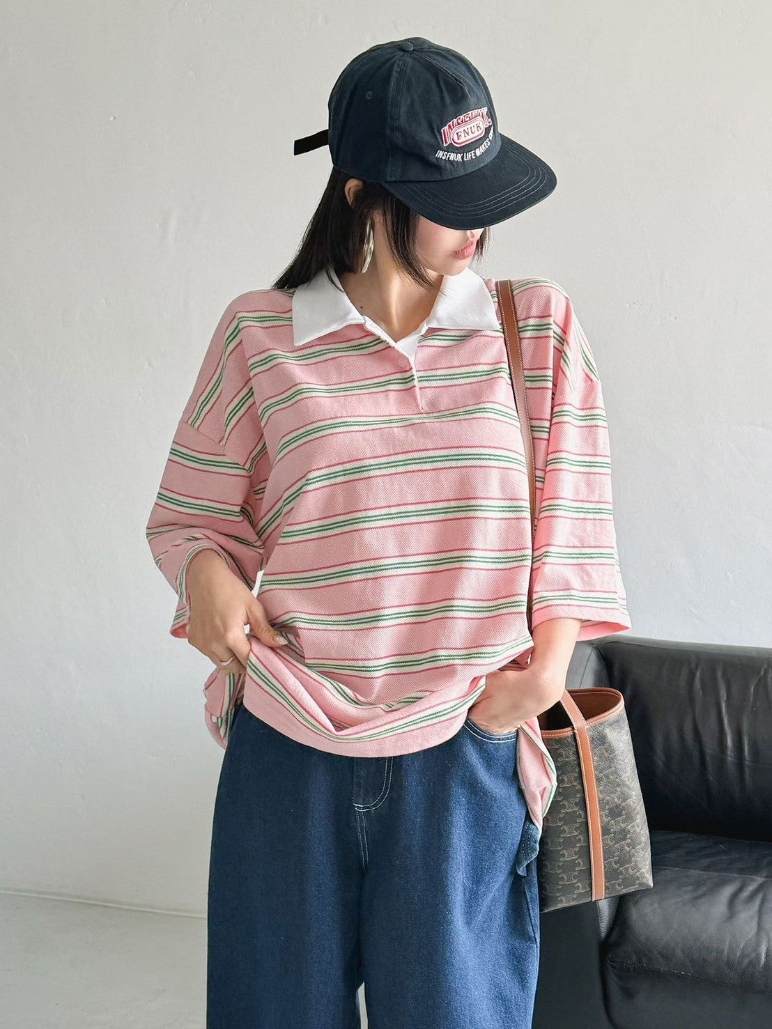 3D105 短袖橫條長版POLO衫