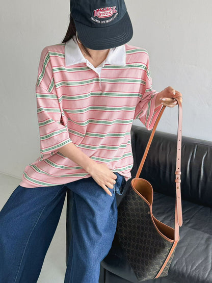 3D105 短袖橫條長版POLO衫
