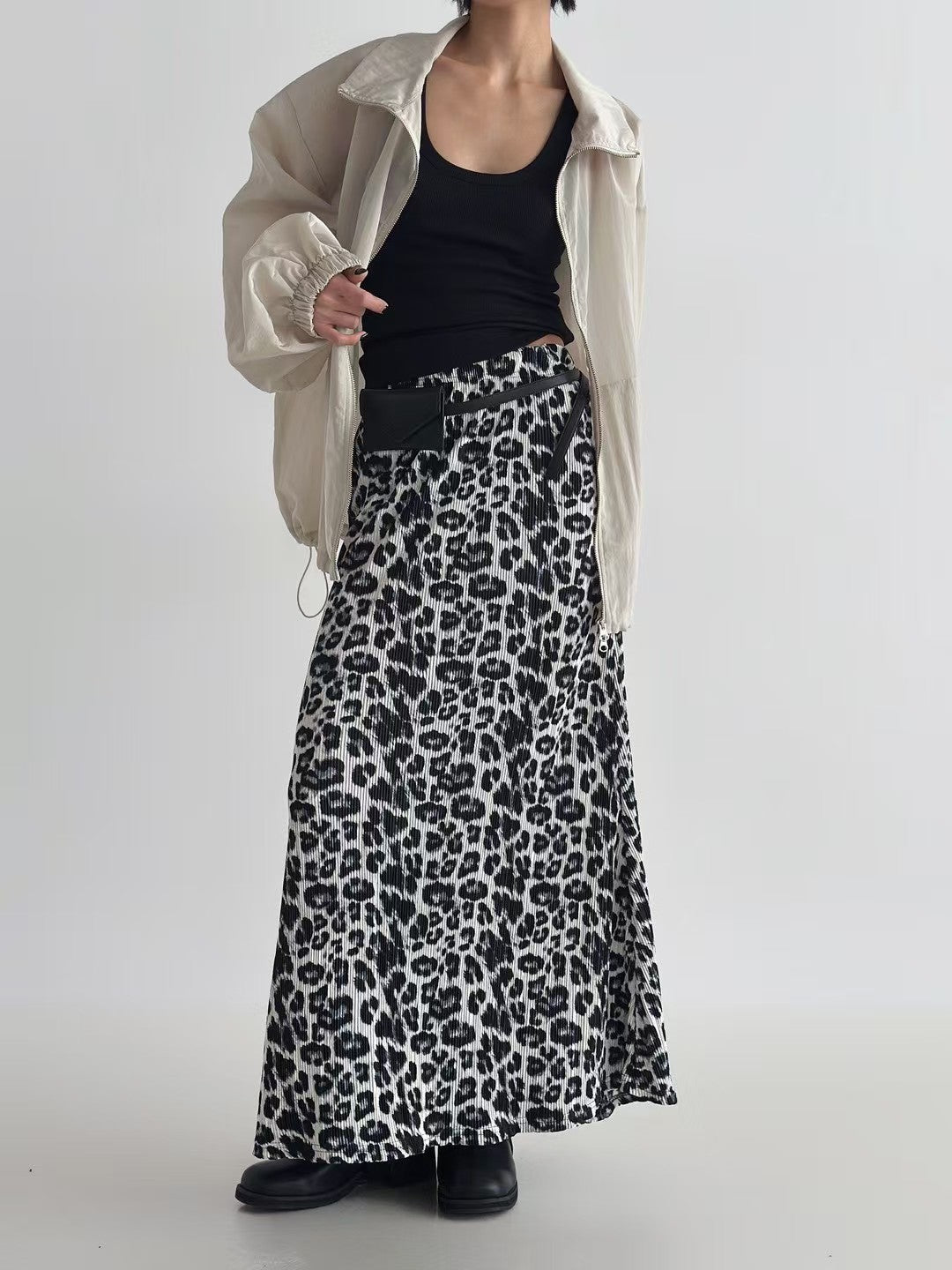 KL1041 鬆緊腰細褶豹紋長裙