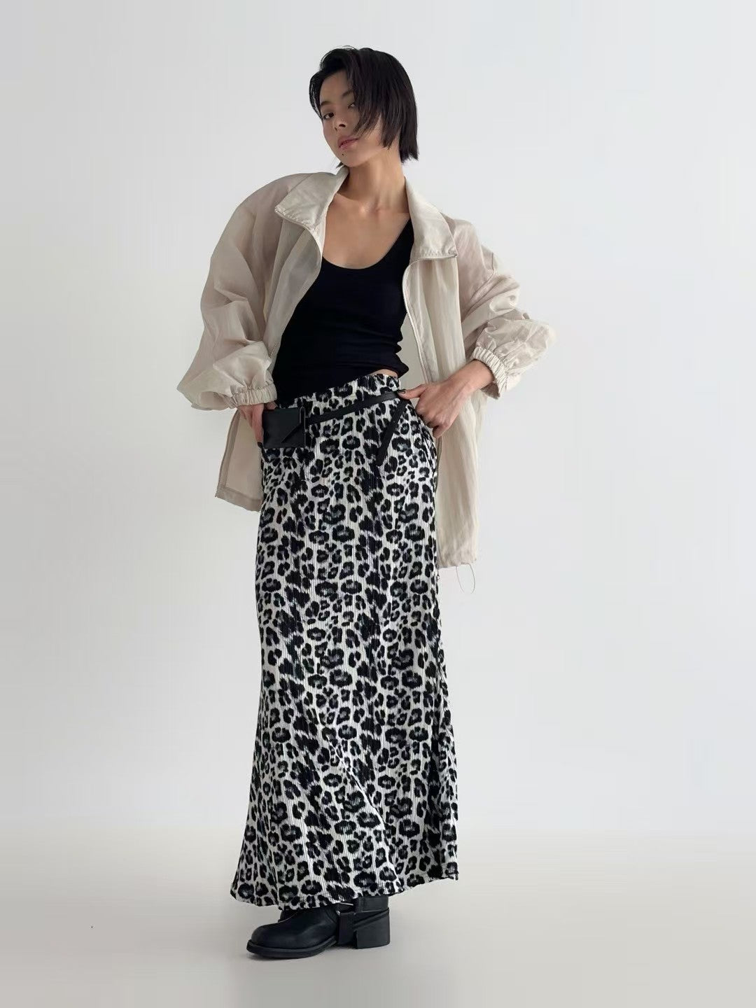 KL1041 鬆緊腰細褶豹紋長裙