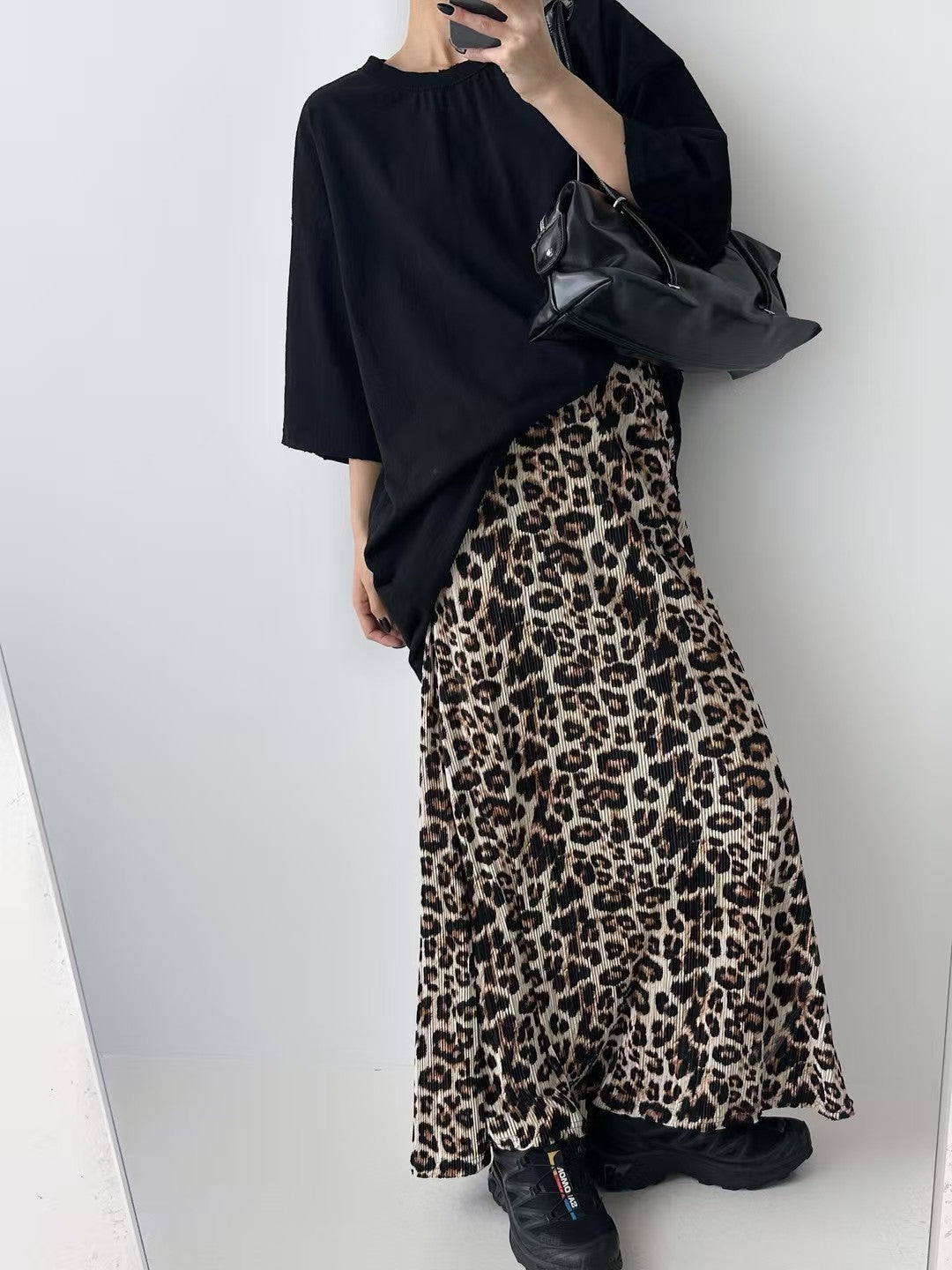 KL1041 鬆緊腰細褶豹紋長裙
