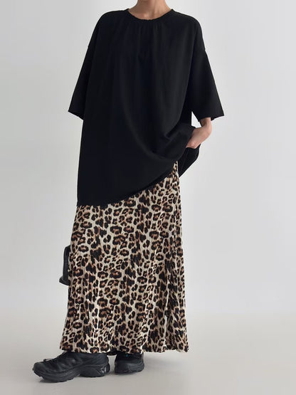 KL1041 鬆緊腰細褶豹紋長裙