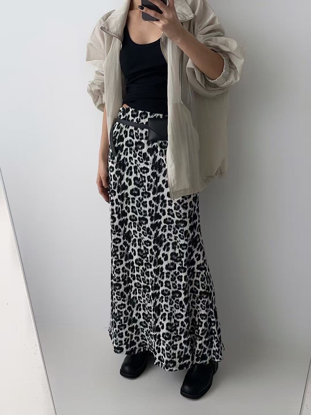 KL1041 鬆緊腰細褶豹紋長裙