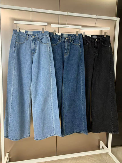 JL758  側壓線剪裁單寧寬褲